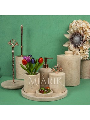 Miarik Design Dekoratif Traverten Mermer Mercan Detaylı 8 Li Banyo Seti Takımı
