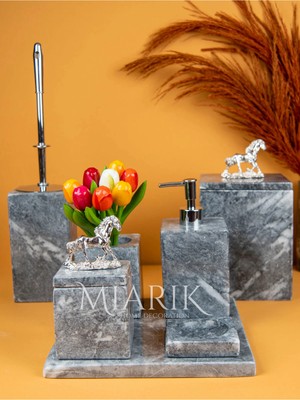 Miarik Design Dekoratif Mermer Aksesuar Detaylı 7 Li Kare Banyo Seti Takımı At Aksesurli
