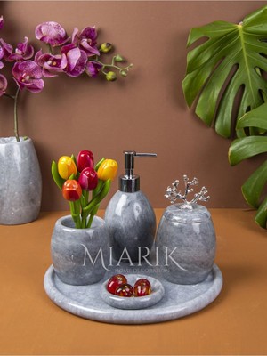 Miarik Design Dekoratif Gri Oval Mermer Banyo Seti Takımı 5 Li Aksesuar Detaylı Tasarım Set