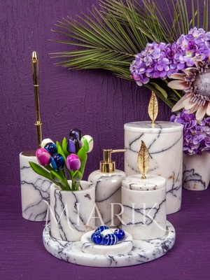 Miarik Design Dekoratif Leylak Mermer Aksesuar Detaylı 7 Li Banyo Seti Takımı