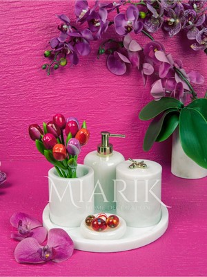 Miarik Design Dekoratif Beyaz Mermer Yaprak Detaylı 5 Li Banyo Seti Takımı
