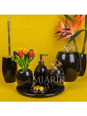 Miarik Design Dekoratif Siyah Mermer Banyo Seti Takımı 7 Li Pirinç Aksesuar Detaylı Tasarım Set