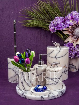 Miarik Design Dekoratif Leylak Mermer Aksesuar Detaylı 7 Li Banyo Seti Takımı