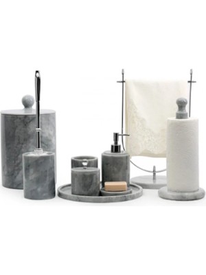 Miarik Design 9'lu Gri Mermer Yuvarlak Formlu Dekoratif Banyo Seti Takim