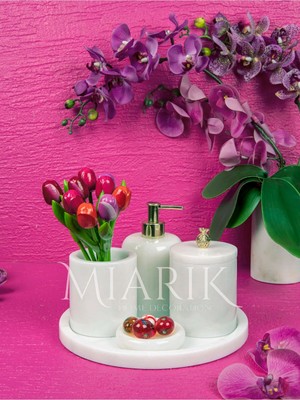 Miarik Design Dekoratif Beyaz Mermer Yaprak Detaylı 5 Li Banyo Seti Takımı