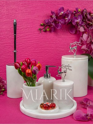 Miarik Design Dekoratif Beyaz Mermer Geyik Aksesuar Detaylı 7 Li Banyo Seti Takımı