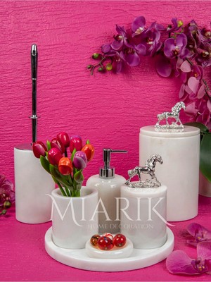 Miarik Design Dekoratif Beyaz Mermer Geyik Aksesuar Detaylı 7 Li Banyo Seti Takımı