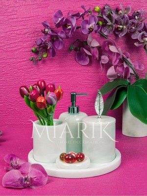 Miarik Design Dekoratif Beyaz Mermer Yaprak Detaylı 5 Li Banyo Seti Takımı
