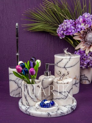 Miarik Design Dekoratif Leylak Mermer Aksesuar Detaylı 7 Li Banyo Seti Takımı