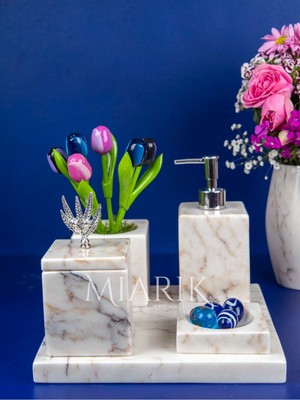 Miarik Design Dekoratif Mermer Düz Kare 5 Li Banyo Seti Takımı