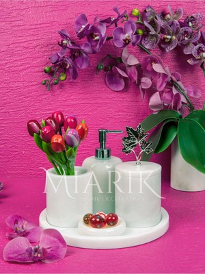 Miarik Design Dekoratif Beyaz Mermer Yaprak Detaylı 5 Li Banyo Seti Takımı