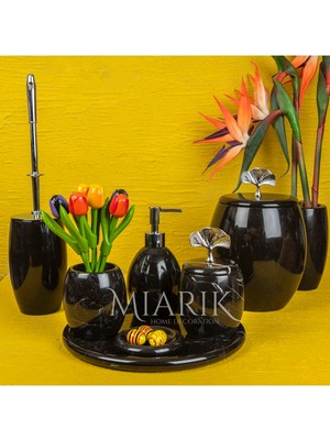 Miarik Design Dekoratif Siyah Mermer Banyo Seti Takımı 7 Li Pirinç Aksesuar Detaylı Tasarım Set