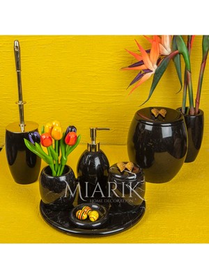 Miarik Design Dekoratif Siyah Mermer Banyo Seti Takımı 7 Li Pirinç Aksesuar Detaylı Tasarım Set