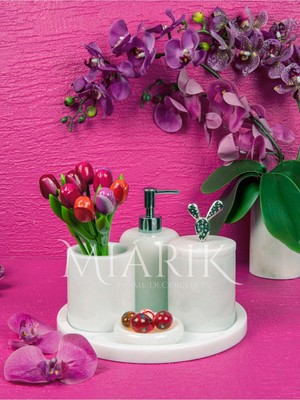 Miarik Design Dekoratif Beyaz Mermer Yaprak Detaylı 5 Li Banyo Seti Takımı