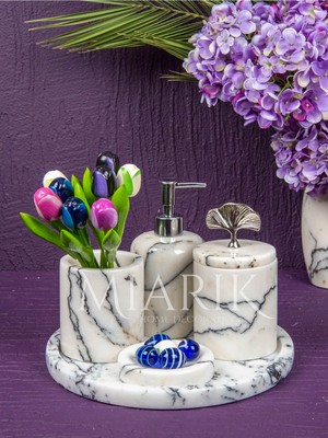 Miarik Design Dekoratif Leylak Mermer Yaprak Detaylı 5 Li Banyo Seti Takımı