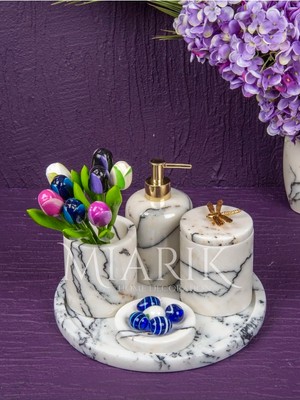 Miarik Design Dekoratif Leylak Mermer Yaprak Detaylı 5 Li Banyo Seti Takımı