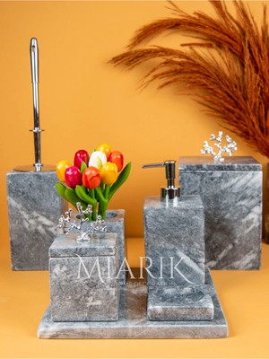 Miarik Design Dekoratif Mermer Aksesuar Detaylı 7 Li Kare Banyo Seti Takımı