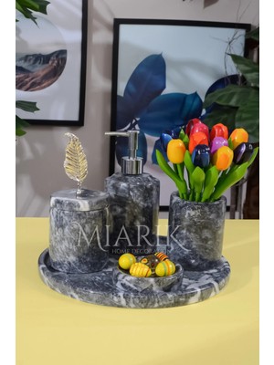 Miarik Design Dekoratif Mermer Yaprak Detaylı 5 Li Banyo Seti Takımı Gri
