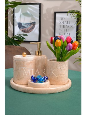 Miarik Design Dekoratif Mermer Gold Top Detaylı 5 Li Banyo Seti Takımı