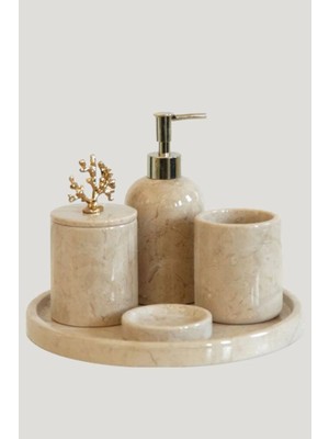 Miarik Design Klasik Bej Mermer Banyo Set 5 Parça Gold Aksesuar