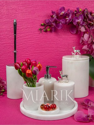 Miarik Design Dekoratif Beyaz Mermer Geyik Aksesuar Detaylı 7 Li Banyo Seti Takımı