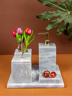 Miarik Design Dekoratif Mermer Düz Kare 5 Li Banyo Seti Takımı