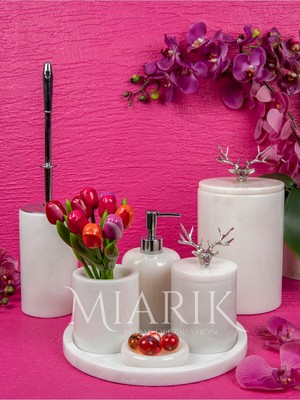 Miarik Design Dekoratif Beyaz Mermer Geyik Aksesuar Detaylı 7 Li Banyo Seti Takımı