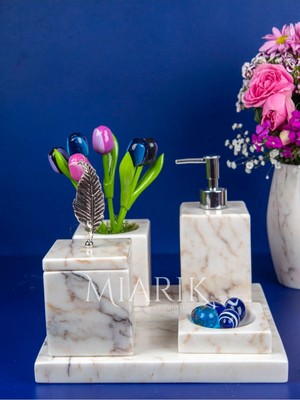 Miarik Design Dekoratif Mermer Düz Kare 5 Li Banyo Seti Takımı