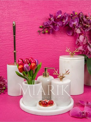 Miarik Design Dekoratif Beyaz Mermer Geyik Aksesuar Detaylı 7 Li Banyo Seti Takımı