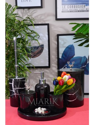Miarik Design Dekoratif Gri Mermer Gümüş Geyık Detaylı 7 Li Banyo Seti Takımı