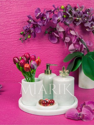 Miarik Design Dekoratif Beyaz Mermer Yaprak Detaylı 5 Li Banyo Seti Takımı