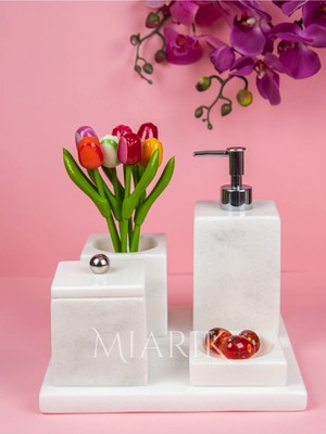 Miarik Design Dekoratif Beyaz Mermer Düz Kare Gümüş Top Detaylı 5 Li Banyo Seti Takımı