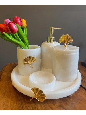Miarik Design Dekoratif Beyaz Mermer Altın Çiçek Detaylı 5 Li Banyo Seti Takımı