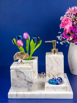 Miarik Design Dekoratif Mermer Düz Kare 5 Li Banyo Seti Takımı
