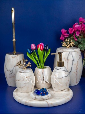 Miarik Design Mermer Banyo Seti Takımı 7 Li Gold Aksesuar Detaylı Tasarım Set