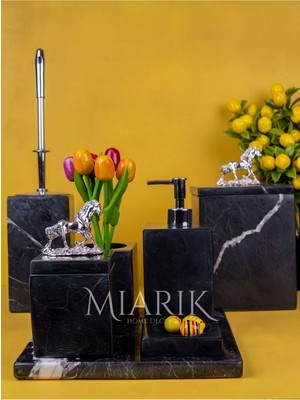 Miarik Design Dekoratif Mermer Düz Kare Sılver At Detaylı 7 Li Banyo Seti Takımı