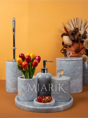 Miarik Design Dekoratif Gri Mermer Krıstal Detaylı 7li Banyo Seti Takımı