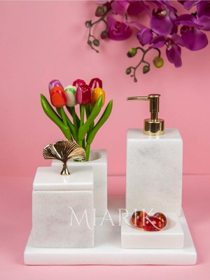 Miarik Design Dekoratif Beyaz Mermer Düz Kare Gold Uçan Geyik Detaylı 5 Li Banyo Seti Takımı