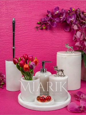 Miarik Design Dekoratif Beyaz Mermer Geyik Aksesuar Detaylı 7 Li Banyo Seti Takımı