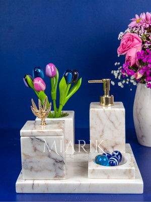 Miarik Design Dekoratif Mermer Düz Kare 5 Li Banyo Seti Takımı