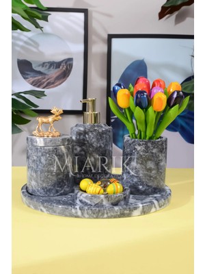 Miarik Design Dekoratif Mermer 5 Li Geyik Detaylı Banyo Seti Takımı