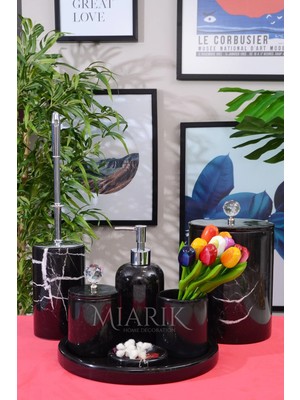 Miarik Design Dekoratif Sıyah Mermer Krıstal Detaylı 7 Li Banyo Seti Takımı