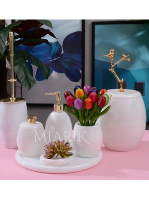 Miarik Design Dekoratif Beyaz Mermer Banyo Seti Takımı 7 Li Gold Dalda Kus Detaylı Tasarım Set