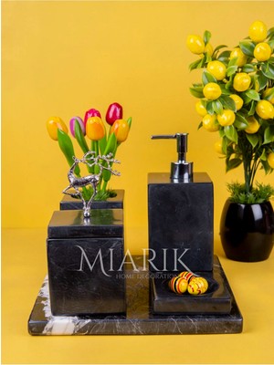 Miarik Design Dekoratif Sıyah Mermer Düz Kare Gümüş Uçan Geyik Detaylı 5 Li Banyo Seti Takımı
