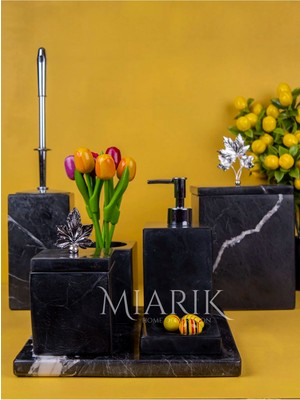 Miarik Design Dekoratif Mermer Düz Kare Sılver Dalda Yaprak Detaylı 7 Li Banyo Seti Takımı