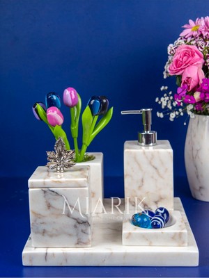 Miarik Design Dekoratif Mermer Düz Kare 5 Li Banyo Seti Takımı