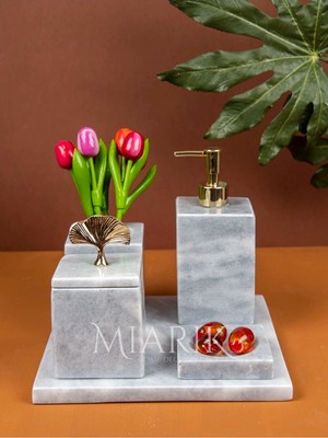 Miarik Design Dekoratif Grı Mermer Düz Kare Gold Uçan Geyik Detaylı 5 Li Banyo Seti Takımı