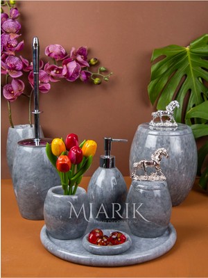 Miarik Design Dekoratif Gri Mermer Banyo Seti Takımı 7 Li Gümüş At Detaylı Tasarım Set