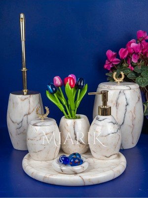 Miarik Design Dekoratif Afton Şekeridamarli Mermer Banyo Seti Takımı 7 Li Gold Aksesuar Detaylı Tasarım Set