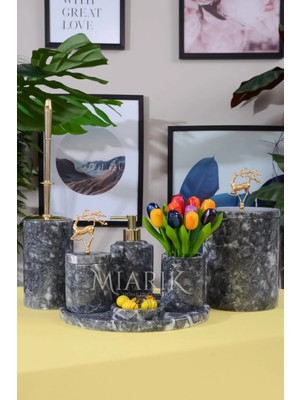 Miarik Design Dekoratif Mermer Gold Ucan Geyık Detaylı 7li Banyo Seti Takımı